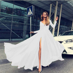 Long Sleeve Floor-Length V-Neck Split Fashion Women's Dress