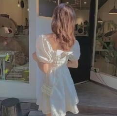 Puff Sleeve Embroidered Shirred Dress