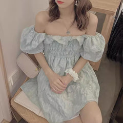 Puff Sleeve Embroidered Shirred Dress