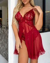Bowknot Decor Sheer Mesh Lace Babydoll With Thong