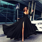 Long Sleeve Floor-Length V-Neck Split Fashion Women's Dress