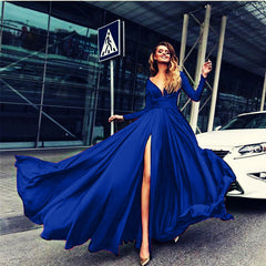 Long Sleeve Floor-Length V-Neck Split Fashion Women's Dress