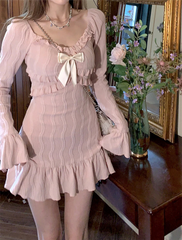 Sweet Pink Flare Sleeve Bow Dress