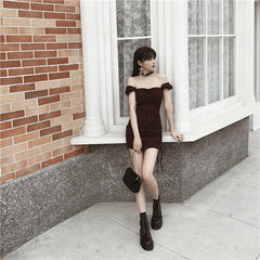 Off-Shoulder Plaid Tie Dress