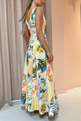 Sleeveless Patchwork V-Neck Floor-Length Mid Waist Women's Dress