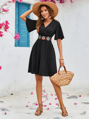 Floral Print A-line V-neck Flare Dress