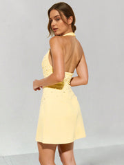 Exclusive Evening Halter Pearl Mini Dress Yellow