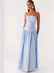 A Strapless Pleated And Patchwork Backless Dress