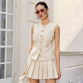 Commuter Sleeveless Vest Pleated Skirt Suit