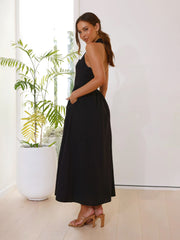 Square Neck Waist Halter Neck Open Back Midi Dress