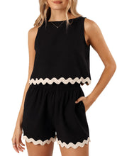 Linen Lace Trim Crew Neck Tank Top Shorts