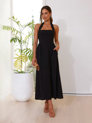 Square Neck Waist Halter Neck Open Back Midi Dress