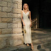 Satin V-Neck Halter Back Dress