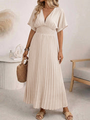 V-Neck Batball Sleeve Pleated Dress