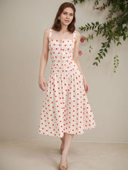 Halter Polka Dot Long Dress, Cinched Waist Dress