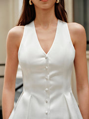 Sleeveless Multi-Breasted V-Neck Pure White Vest