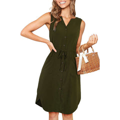 Sleeveless V-Neck Button-Up Pocket Dress