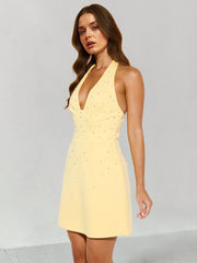 Exclusive Evening Halter Pearl Mini Dress Yellow