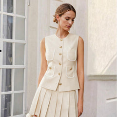 Commuter Sleeveless Vest Pleated Skirt Suit