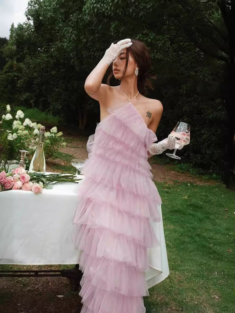 Formal Tulle Long Dress - Pink