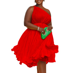 Pleated Off-Shoulder Wide Swing Straps Solid Color