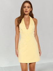 Exclusive Evening Halter Pearl Mini Dress Yellow