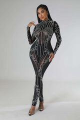 Rhinestone Mesh Round Neck Jumpsuit
