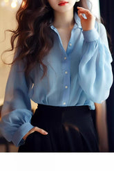 Mesh Panel Button Front Blouse