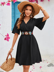 Floral Print A-line V-neck Flare Dress