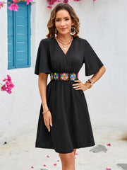 Floral Print A-line V-neck Flare Dress