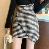 Houndstooth Print Button Detail Zip Back Bodycon Skirt