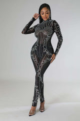Rhinestone Mesh Round Neck Jumpsuit