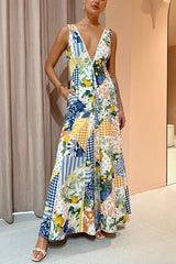 Sleeveless Patchwork V-Neck Floor-Length Mid Waist Women's Dress