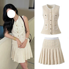 Commuter Sleeveless Vest Pleated Skirt Suit