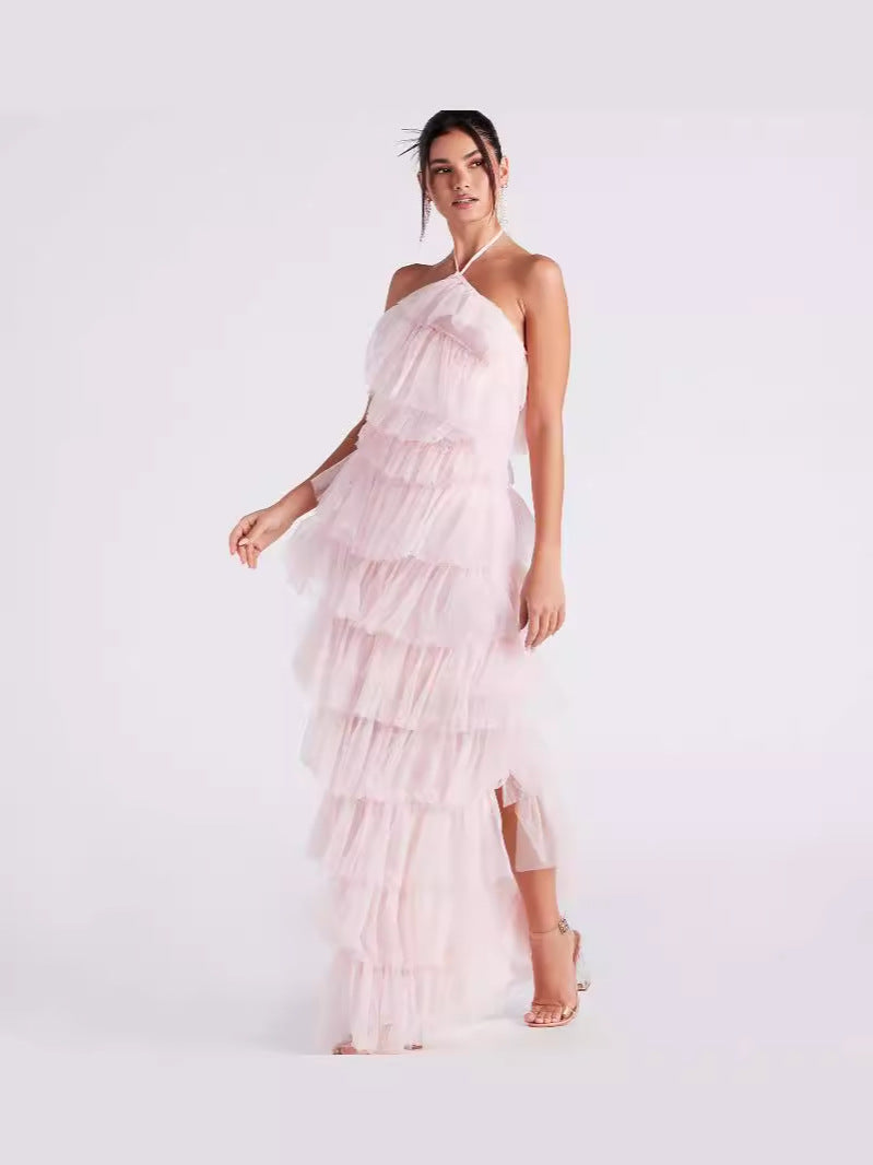 Formal Tulle Long Dress - Pink