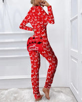 Christmas Letter Print Functional Buttoned Flap Adults Pajamas