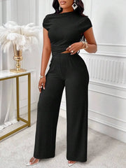 Collar Pleated Top And Wide-Leg Pants Set-Black