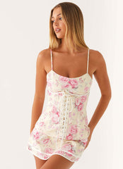 Retro Pink Floral Waist-Cinching Dress