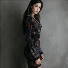 V-Neck Lace-Trimmed Printed Dress