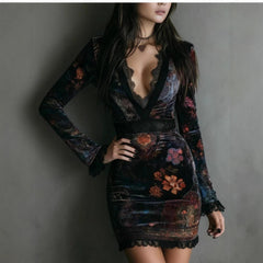 V-Neck Lace-Trimmed Printed Dress