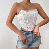 Floral Embroidered Fishbone Mesh Sheer Top