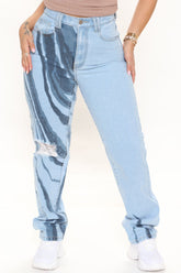 Abstract Print High Waist Straight Leg Jeans - Light Blue Wash