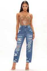 After Party High Waist Destroyed Mom Jeans - Dark Wash