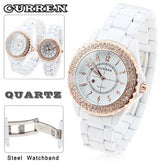 White Stainless Steel Waterproof Watch with Rhinestone Accents (White 4.5cm Dial)