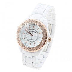 Lovers' White Stainless Steel Waterproof Watch Set with Rhinestone Accents