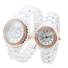 Lovers' White Stainless Steel Waterproof Watch Set with Rhinestone Accents