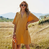2021 New Women's Solid Color V-neck Akimbo A-line Skirt Bag Casual Loose Short-Sleeved Dress Sai Feel