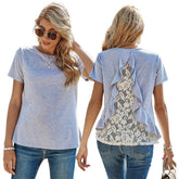 2021 Spring and Summer Women's Solid Color Pullover Loose Round Neck Lace Short Sleeve T-shirt Sai Feel