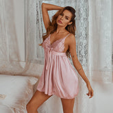 2pcs pack sexy nightdress with thongs,Babydoll Dress Backless Halter Chemise, Women sexy Lingerie,silky satin Chemise sleepwear,G-String Set Sai Feel