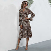 Women Fashion V Neck Flare Sleeve Halter Slim Leopard Printing Dress